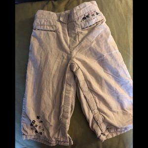 Lined corduroy pants, tan with deep purple accent flowers